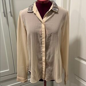 ANTHROPOLOGIE SANCTUARY Cream Sheer Blouse Embellished Sequin Collar Size Large